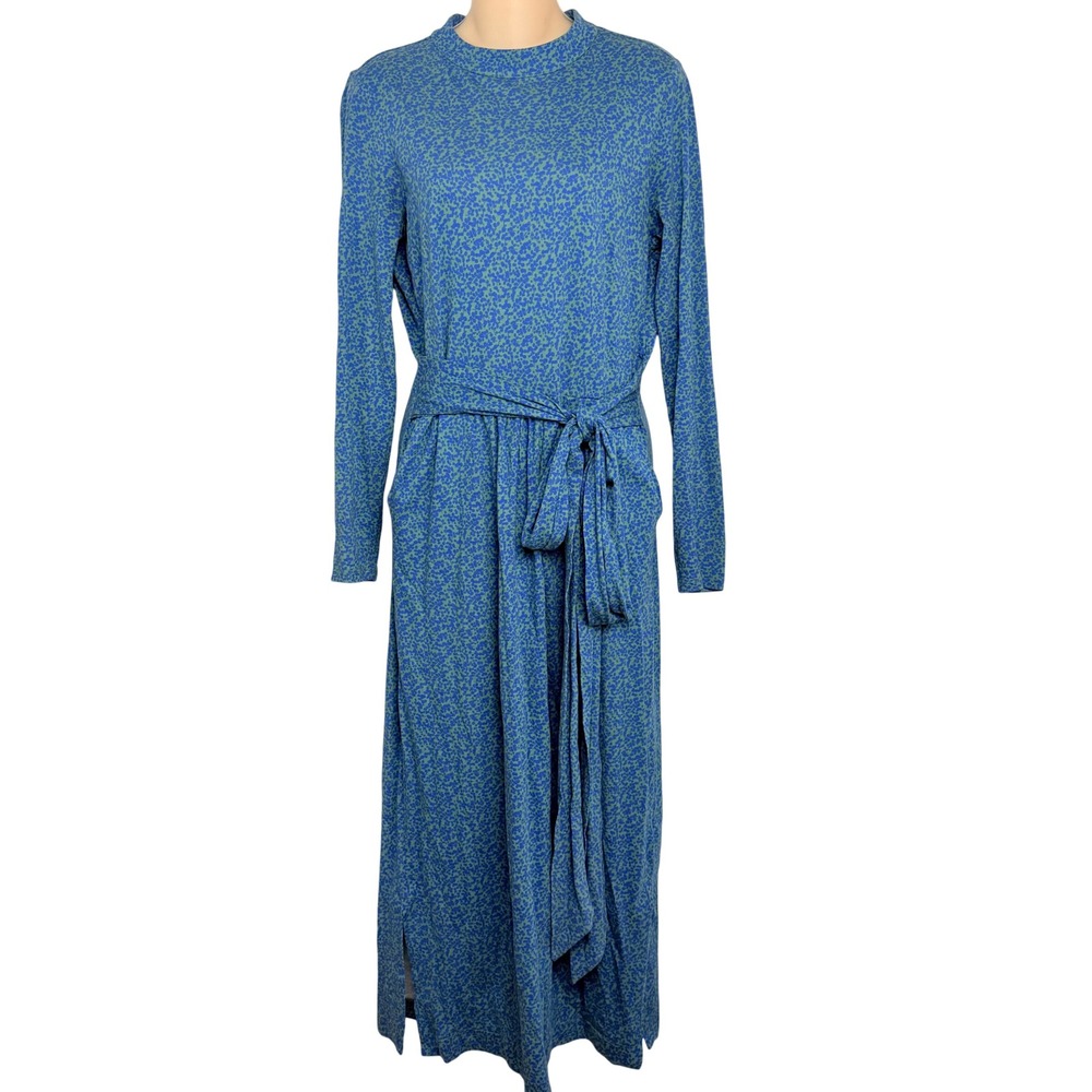 Boden Blue Green Floral Knit Mock Neck Long Sleeve‎ Maxi Dress Pockets Tie Waist
